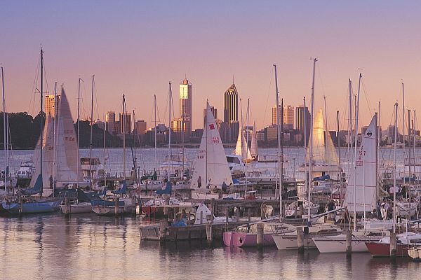 Perth skyline at sunset, from Matilda Bay